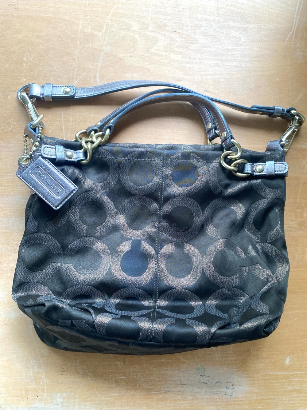 Coach Signature Op Art Lurex Brooke in Oliver and Gold Hobo Bag